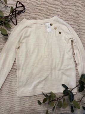 LOFT Cream Long-Sleeve Boatneck Top with Gold Buttons XS